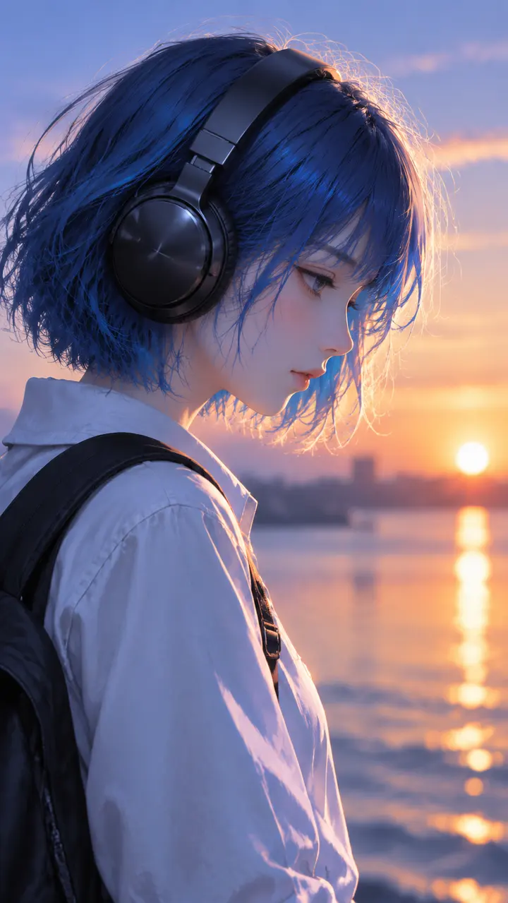 蓝发少女黄昏耳机侧脸 AI 绘画提示词
