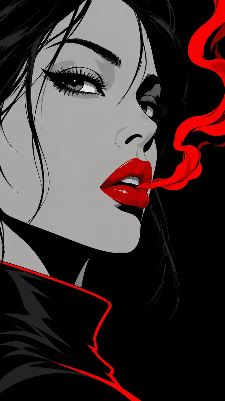 美式漫画极简红黑白女性侧脸 AI 绘画提示词