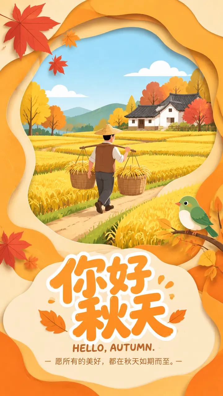 秋季丰收田园剪纸风扁平插画 AI 提示词