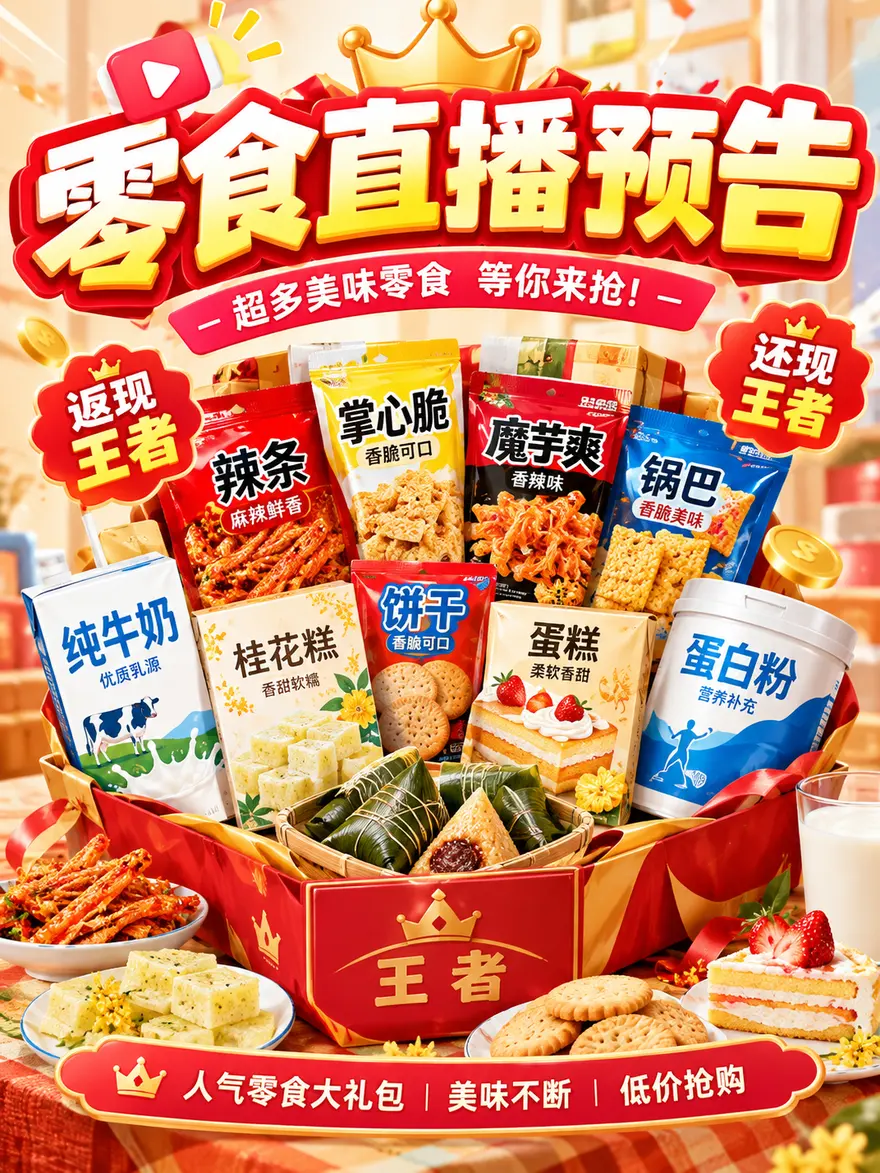 零食直播预告封面 AI 绘画提示词 大礼包堆叠设计