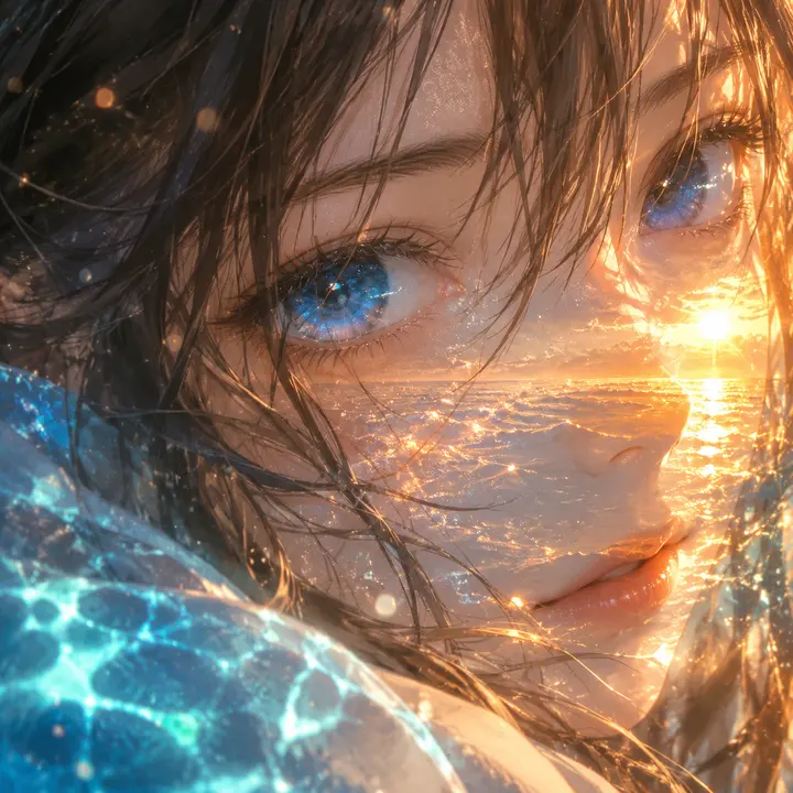 日系动漫少女双重曝光海面夕阳特写AI提示词
