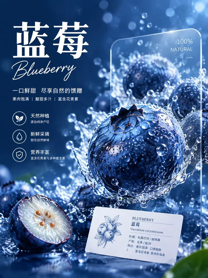 蓝莓主题商业海报 AI 绘画提示词 冰爽水花电商视觉