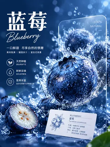 蓝莓主题商业海报 AI 绘画提示词 冰爽水花电商视觉