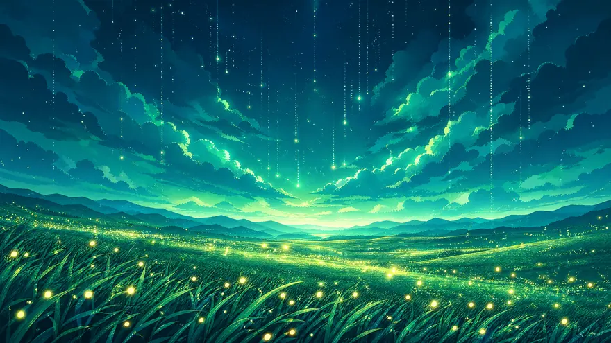 日系动画风青绿幻想草原风景AI提示词