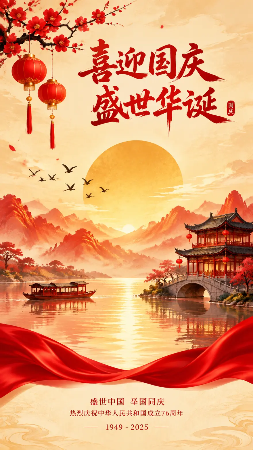 国潮风国庆节插画海报 AI 绘画提示词