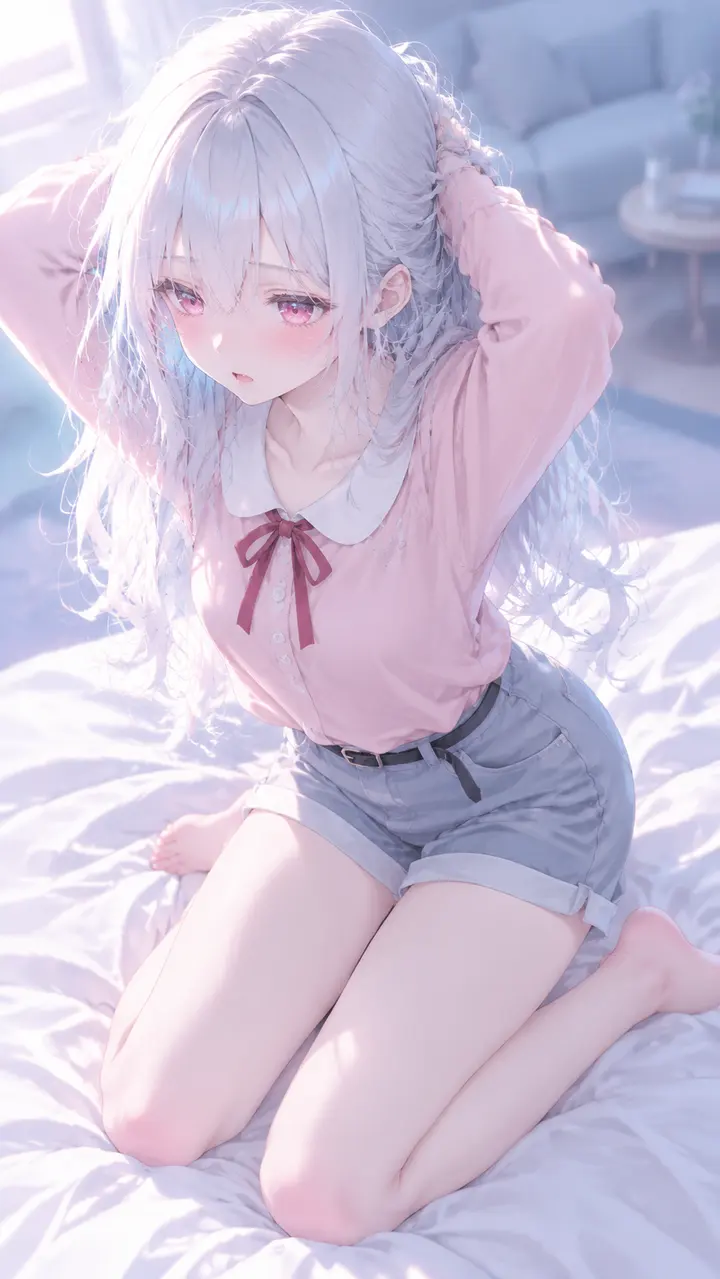日系动漫白发少女卧室插画AI提示词