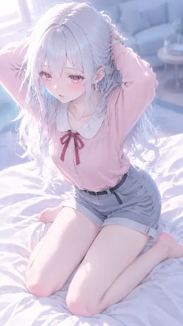 日系动漫白发少女卧室插画AI提示词