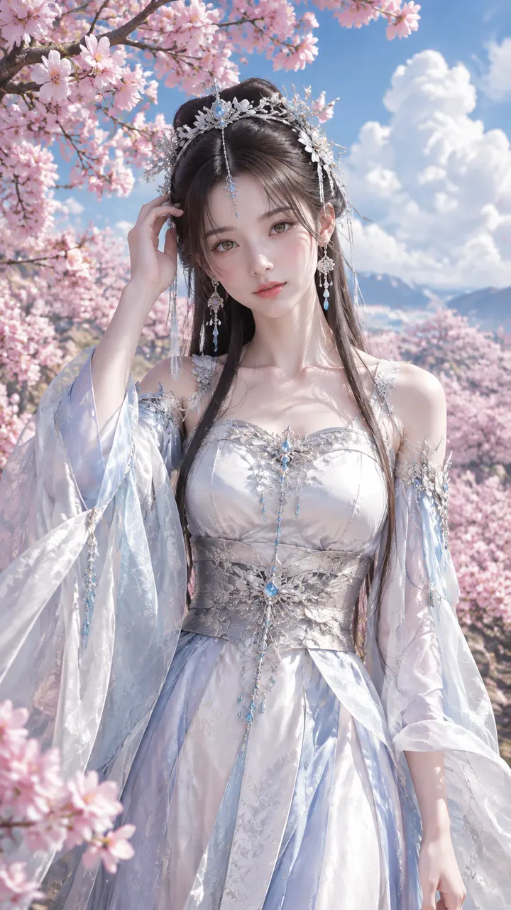 国风仙侠银白发冠少女 AI 提示词，樱花林写实 3D 渲染