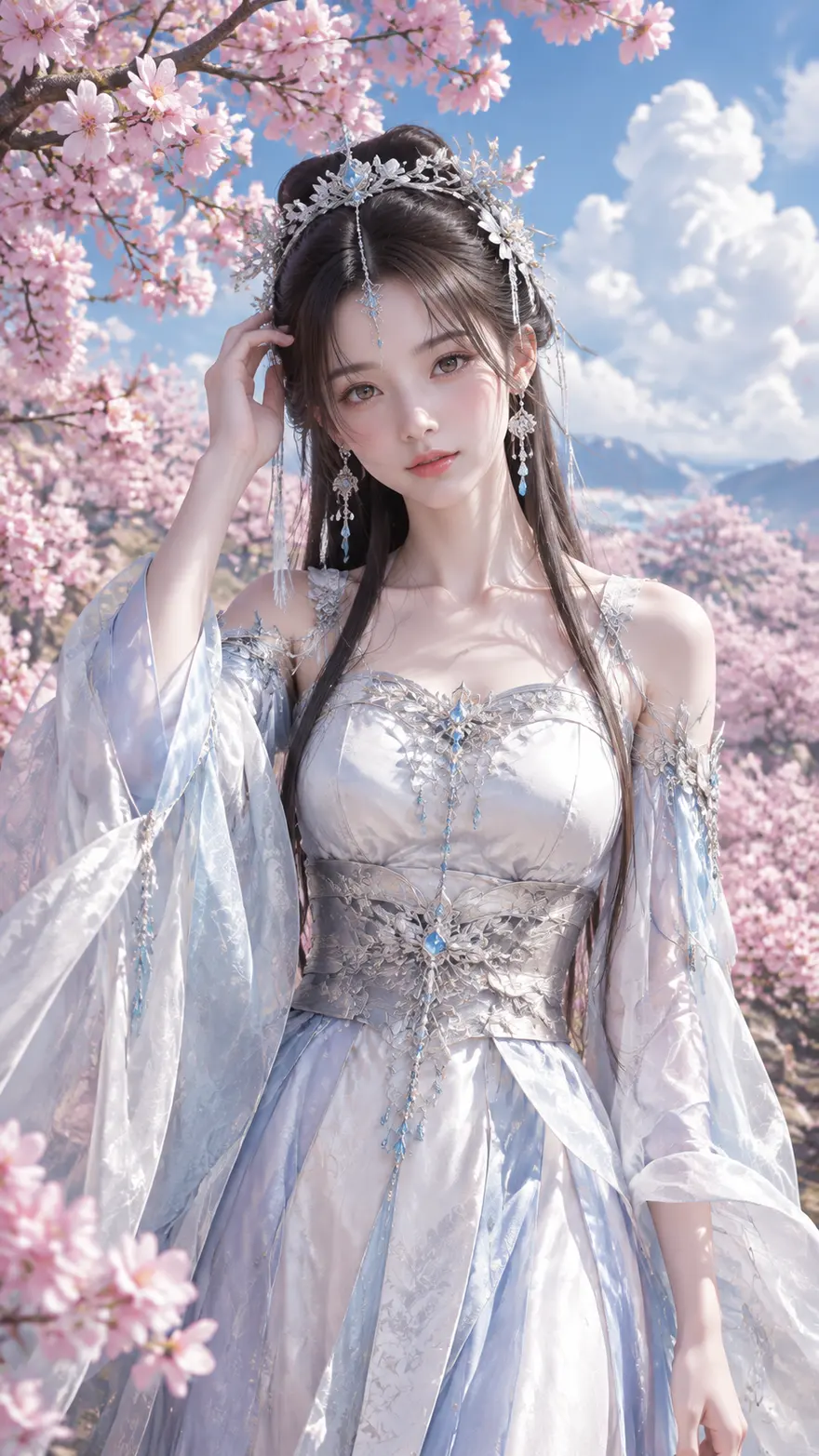 国风仙侠银白发冠少女 AI 提示词，樱花林写实 3D 渲染