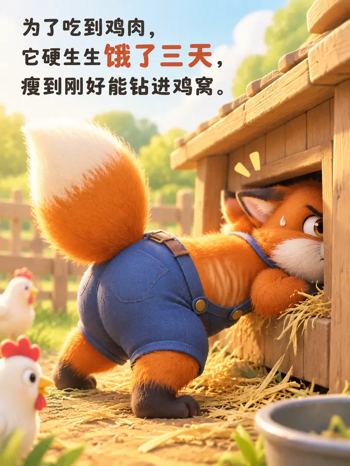 狐狸钻鸡窝的图文故事：3D卡通绘本插画馋嘴狐狸饿三天 第 2 段