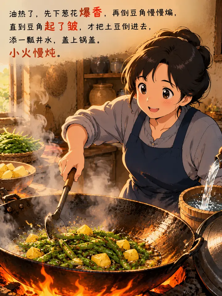 日系动漫风童年记忆图文故事：邻居灶台飘香的炖豆角土豆绘本插画 第 3 段
