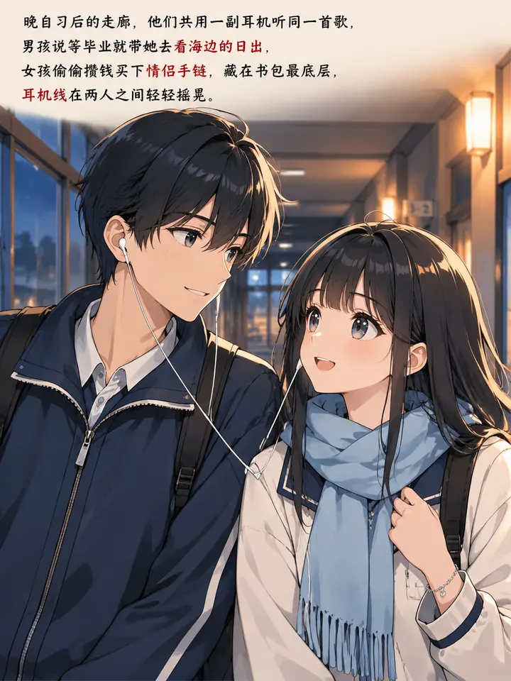 日系动漫风青春爱情图文故事插画绘本：从校服耳机到海边承诺