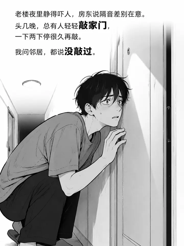 老楼怪谈图文故事：敲门声拖物声与门后湿拖鞋的惊悚绘本插画