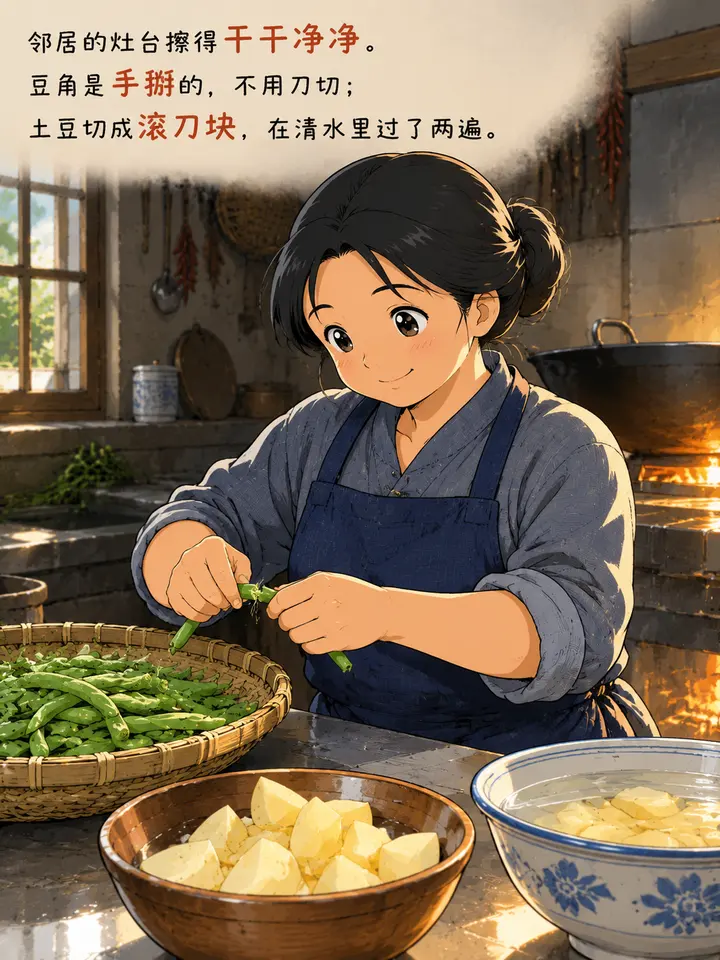 日系动漫风童年记忆图文故事：邻居灶台飘香的炖豆角土豆绘本插画 第 2 段