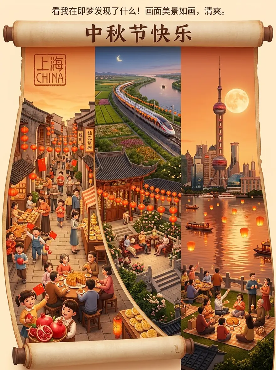 中秋节上海风情立体手卷 AI 绘画提示词全解析