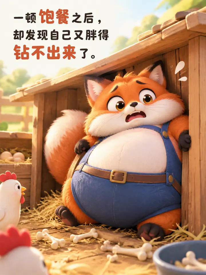 狐狸钻鸡窝的图文故事：3D卡通绘本插画馋嘴狐狸饿三天 第 3 段