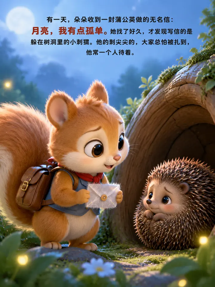 月亮邮递员朵朵绘本故事插画：蒲公英信与小刺猬的温暖图文故事 第 3 段
