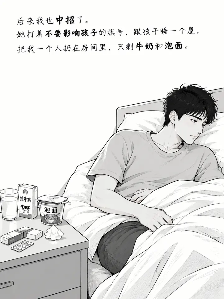疫情期间夫妻照顾故事插画 黑白线条风图文故事绘本 第 2 段