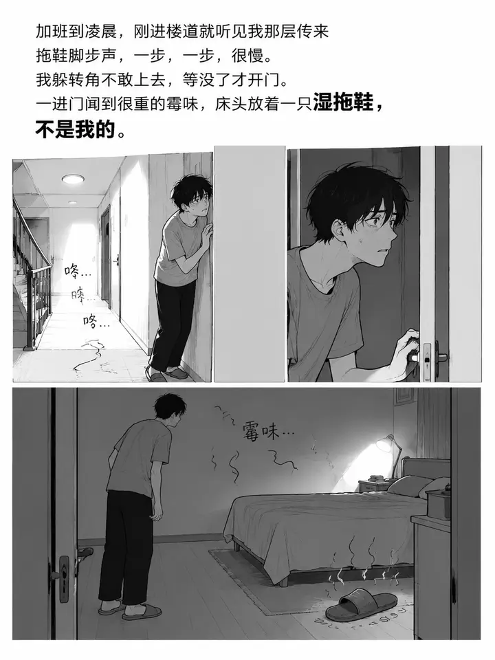 老楼怪谈图文故事：敲门声拖物声与门后湿拖鞋的惊悚绘本插画 第 4 段
