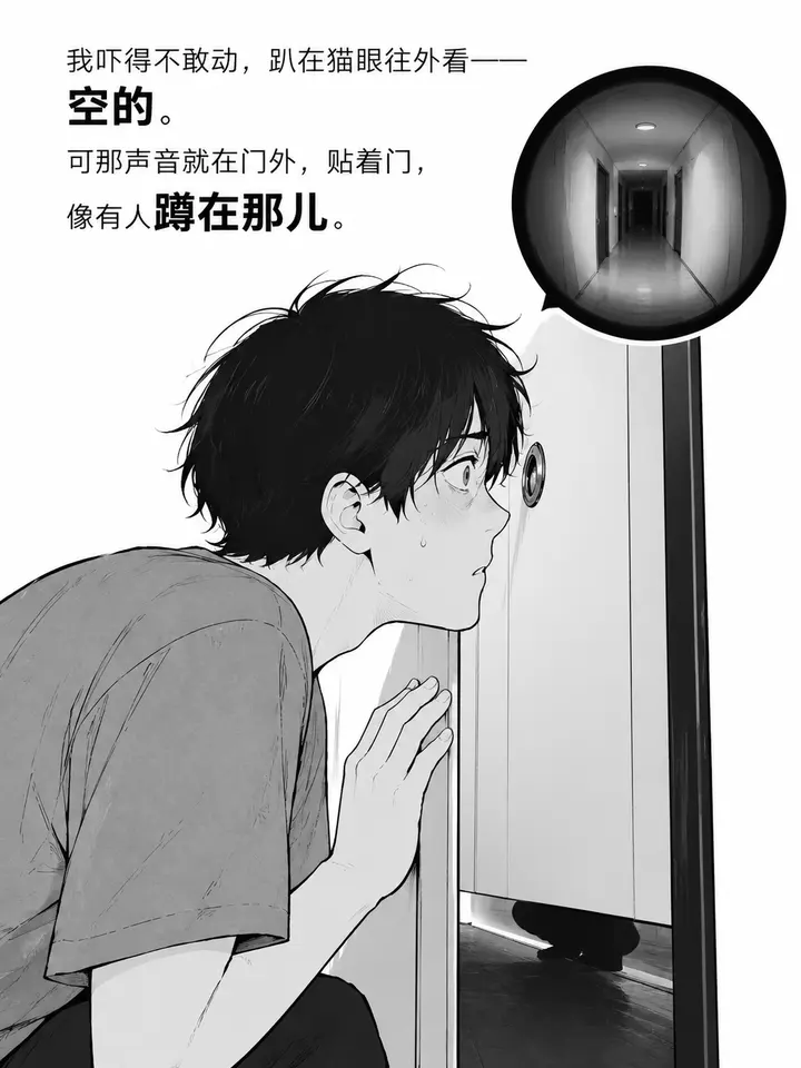 老楼怪谈图文故事：敲门声拖物声与门后湿拖鞋的惊悚绘本插画 第 3 段