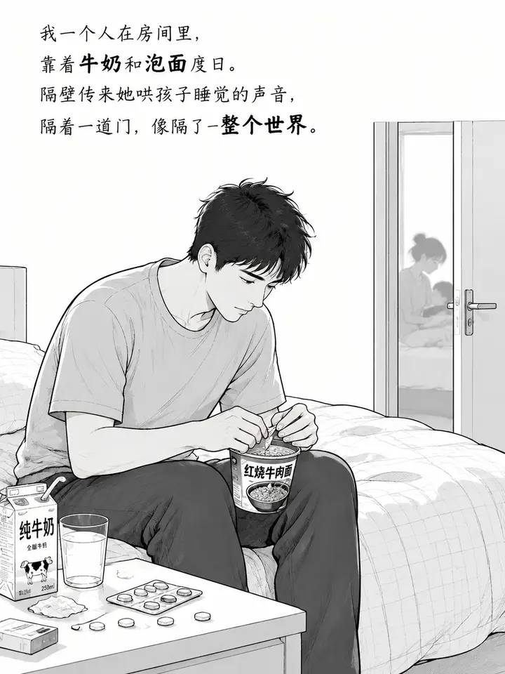 疫情期间夫妻照顾故事插画 黑白线条风图文故事绘本 第 3 段