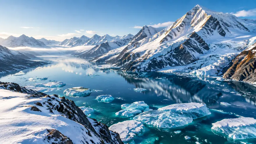 AI 绘画提示词：高空俯瞰雪山冰川湖全景锐利风光