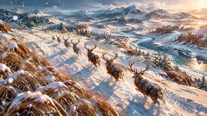 AI 绘图提示词俯瞰汉唐重彩雪原奔鹿图