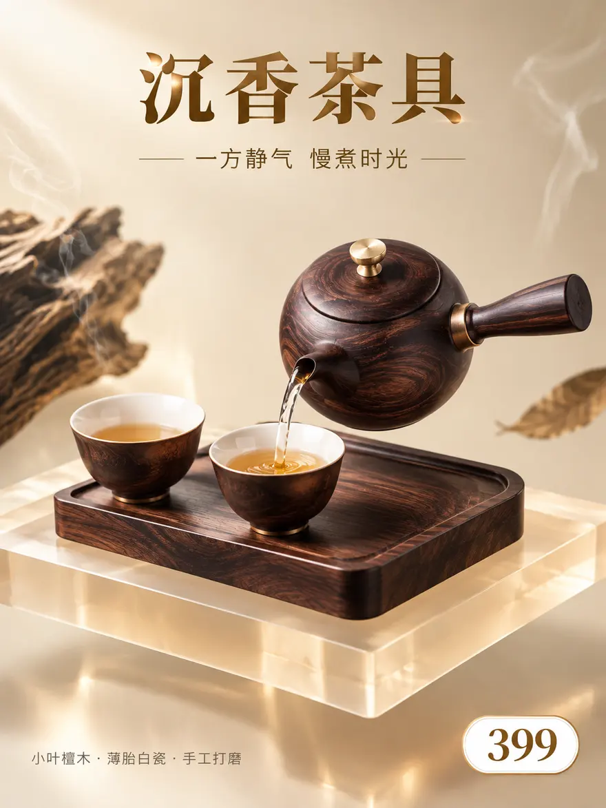 沉香木纹茶具套装电商海报 AI 图片生成提示词