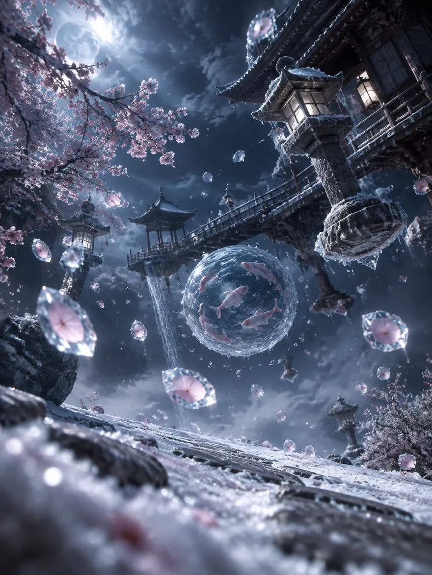 AI 绘图提示词 冰晶古风工笔樱花庭院反重力悬空