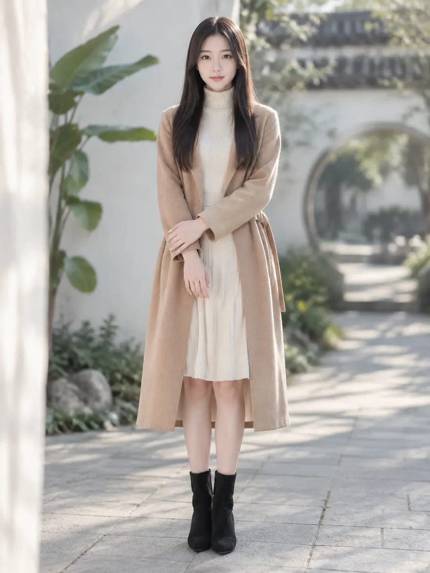 东方都市园林少女正面全身立绘 AI 绘画提示词