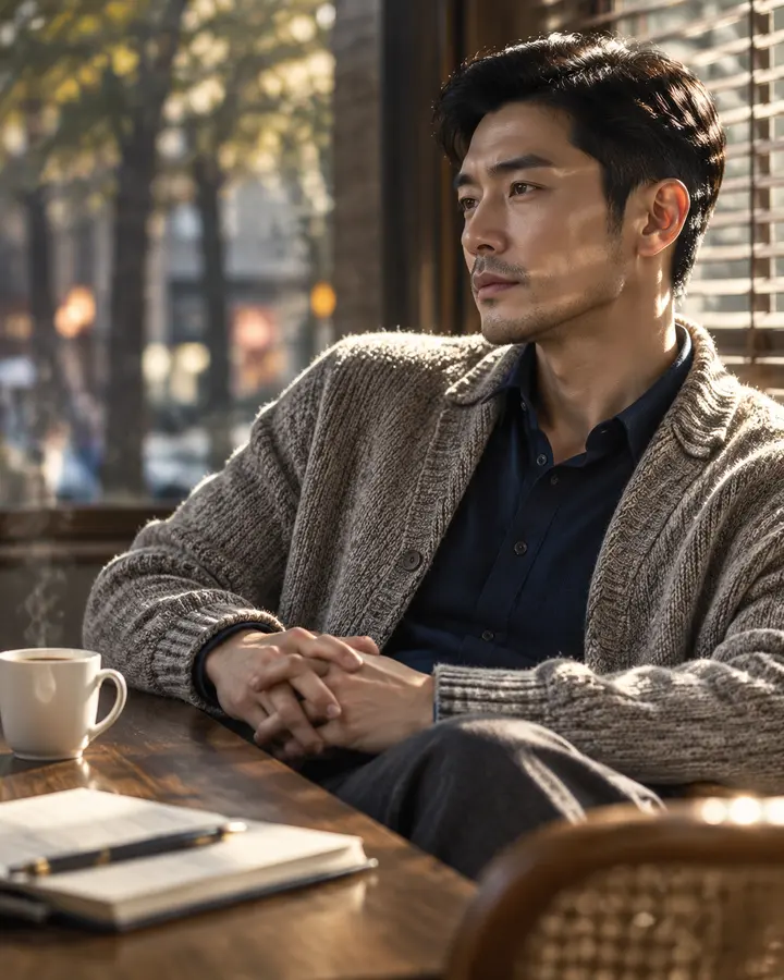 亚洲男性咖啡馆坐姿光影 AI 绘画提示词精细质感