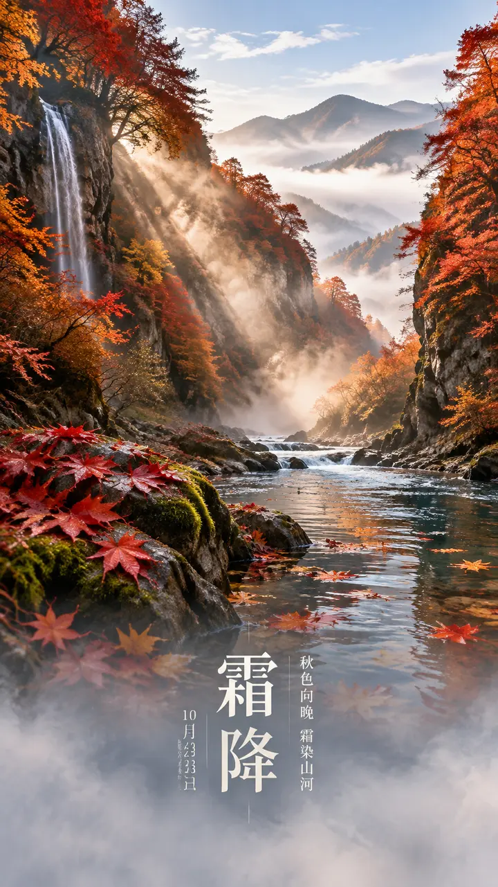 霜降秋山红叶峡谷海报 AI 绘画提示词