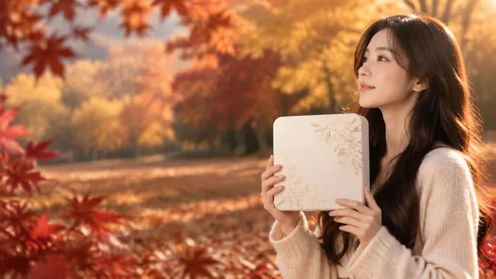 深秋红叶林间青年女性手捧护肤礼盒的电商促销氛围图 AI 图片生成提示词