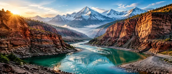 峡谷晨雾中蜿蜒河流与雪山全景图片生成提示词