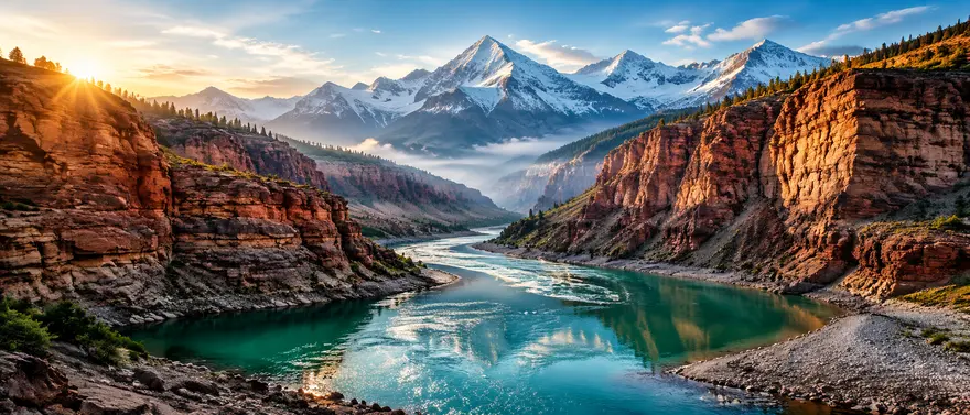 峡谷晨雾中蜿蜒河流与雪山全景图片生成提示词