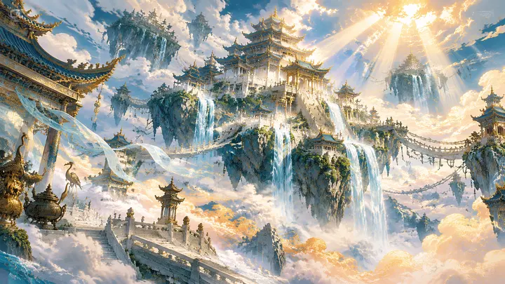 天界云海悬浮神殿群场景图片生成提示词