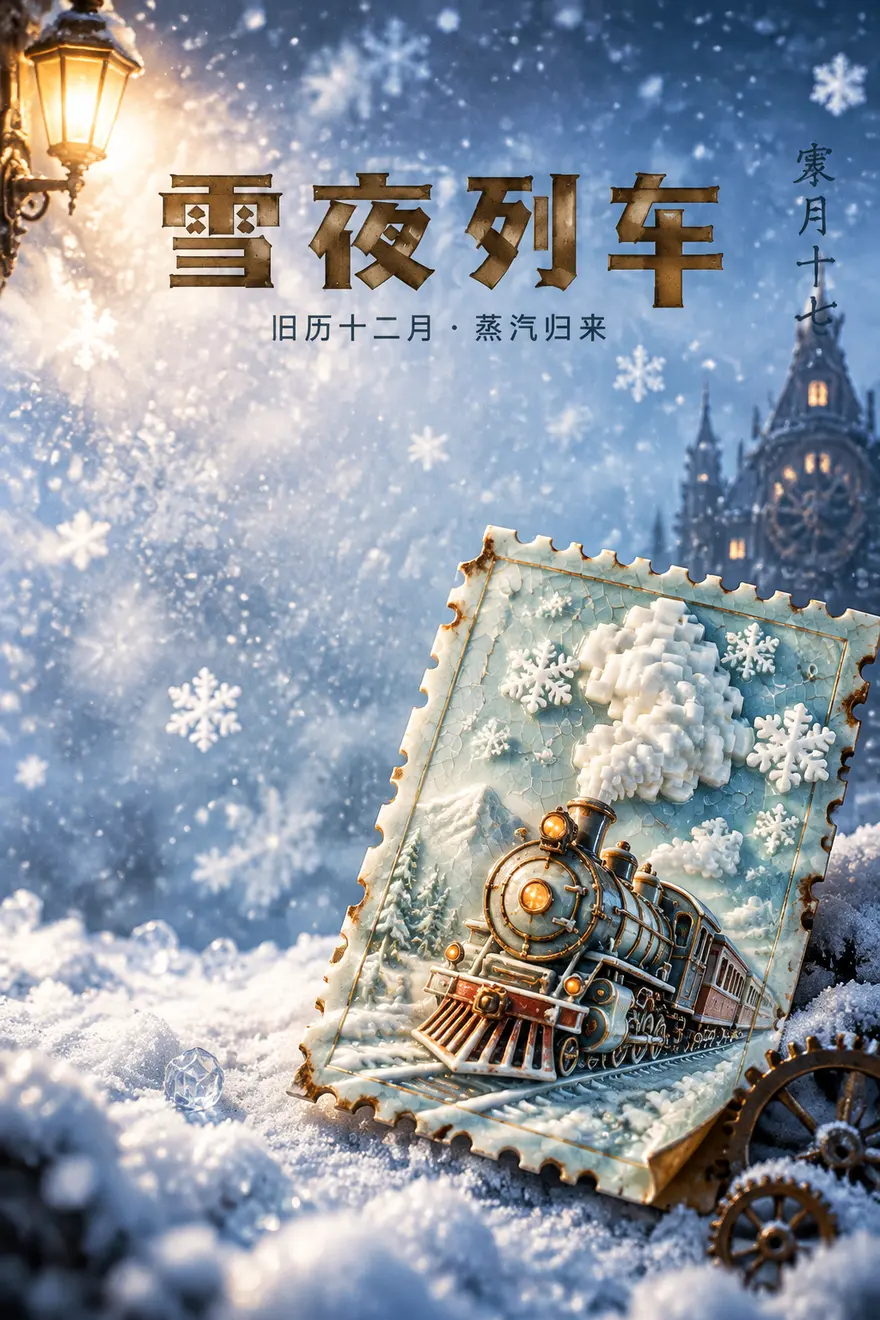 陶瓷像素风蒸汽朋克落雪列车票根生图提示词