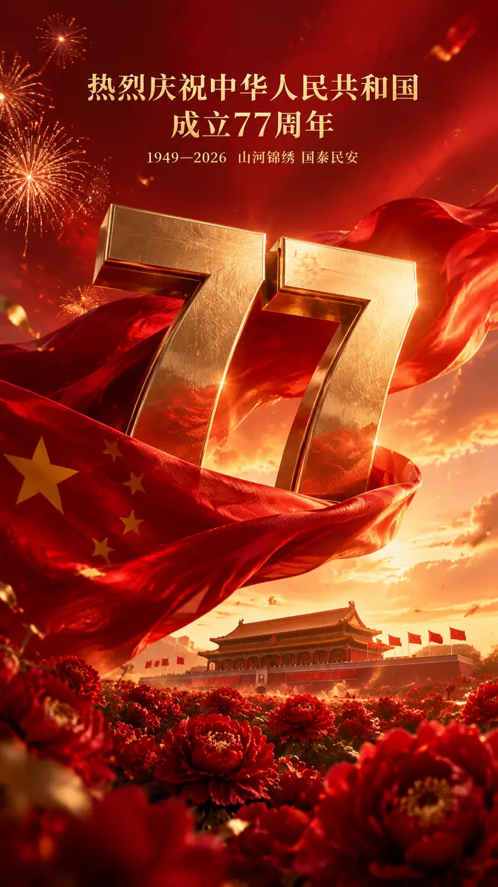 2026国庆七十七周年红色华诞海报 AI 绘画提示词
