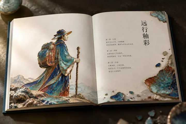 AI 绘画提示词：掐丝珐琅旅人陶瓷画册跨页设计