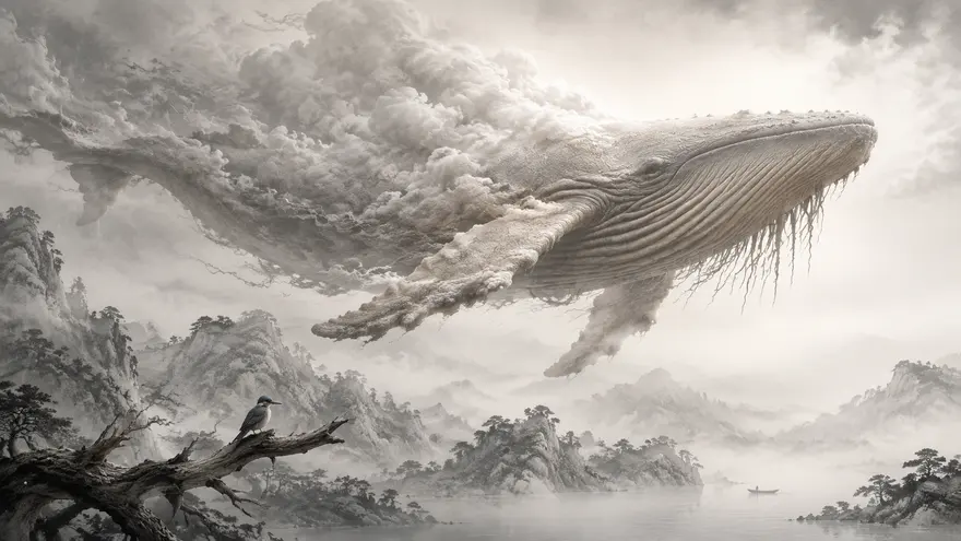 云朵皮革质感的鲸鱼浮游宋代山水间AI 绘画关键词