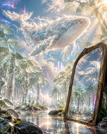 镜中云鲸游过玻璃森林的霓虹清晨(AI 图片生成提示词)