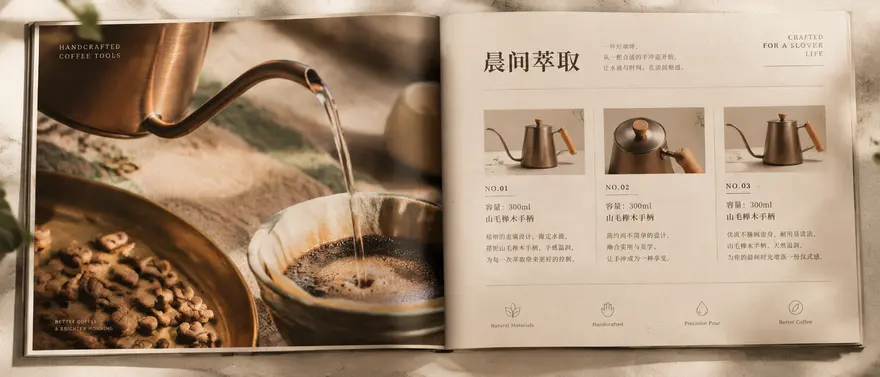 手工咖啡器具品牌画册跨页排版AI提示词