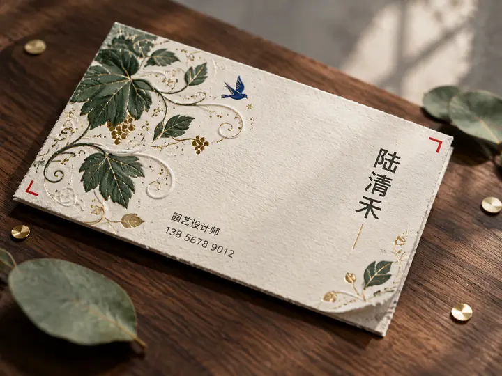 创意名片设计AI提示词，压凹烫金植物纹样双面展示