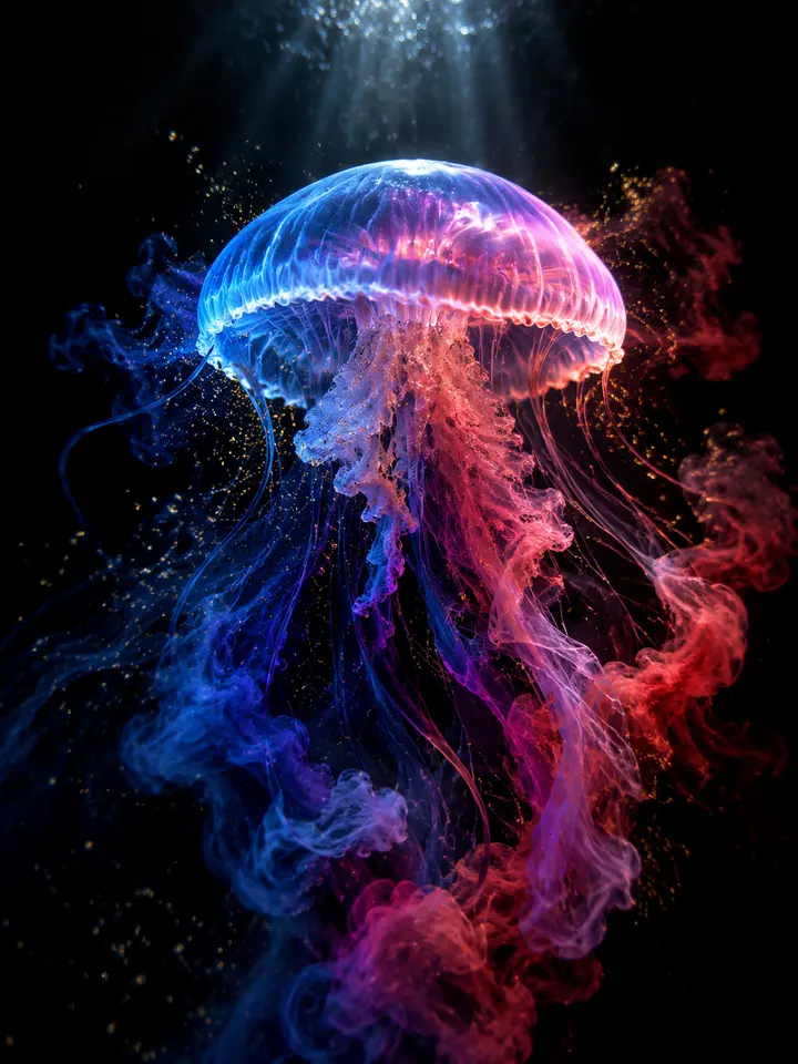 龙鳞彩墨钢笔水母游动创意影像 AI 绘画提示词