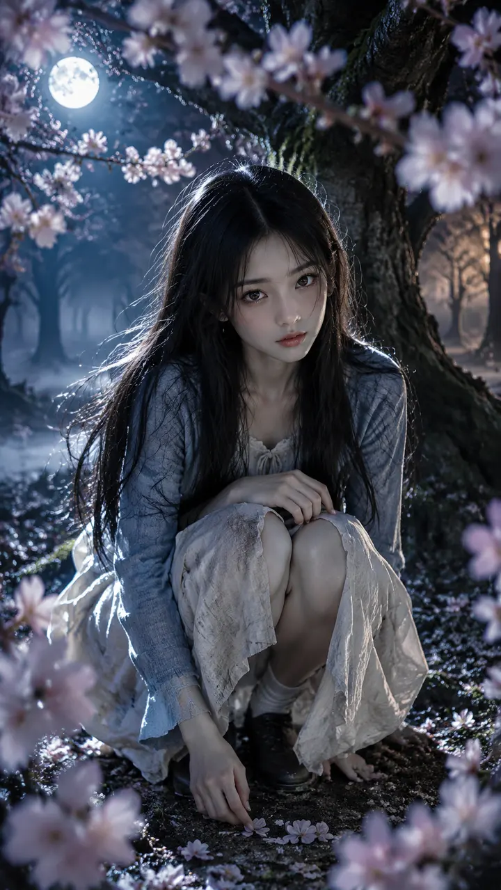 初春樱花月夜下屈膝蹲姿亚洲少女AI 提示词
