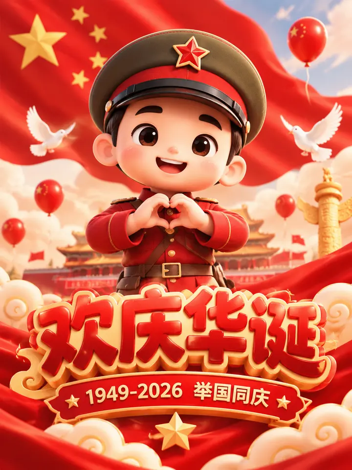 欢庆祖国华诞可爱卡通士兵海报 AI 图片生成提示词