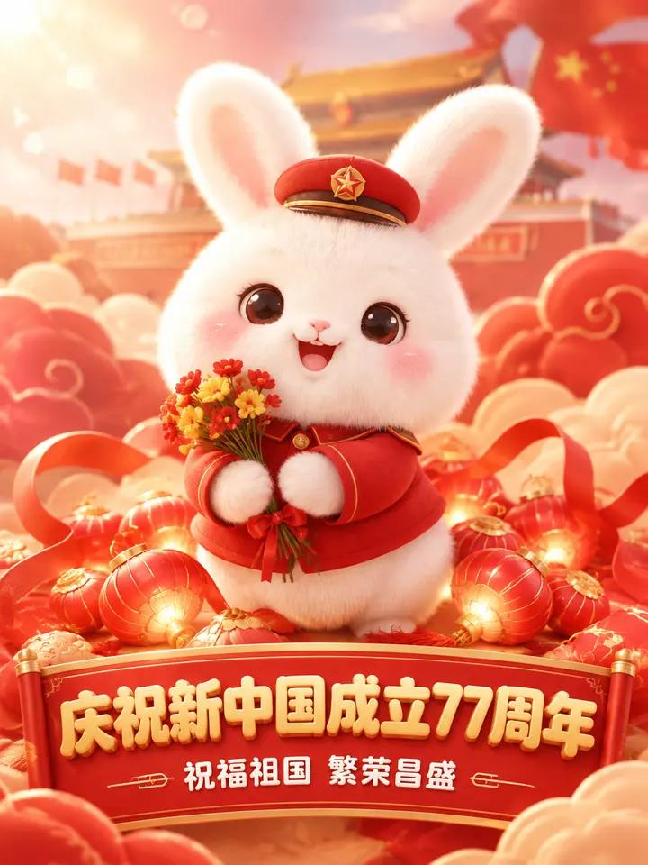 软萌兔子士兵献花庆国庆生图提示词