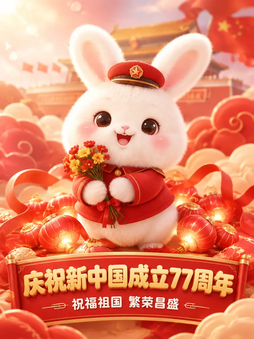 软萌兔子士兵献花庆国庆生图提示词