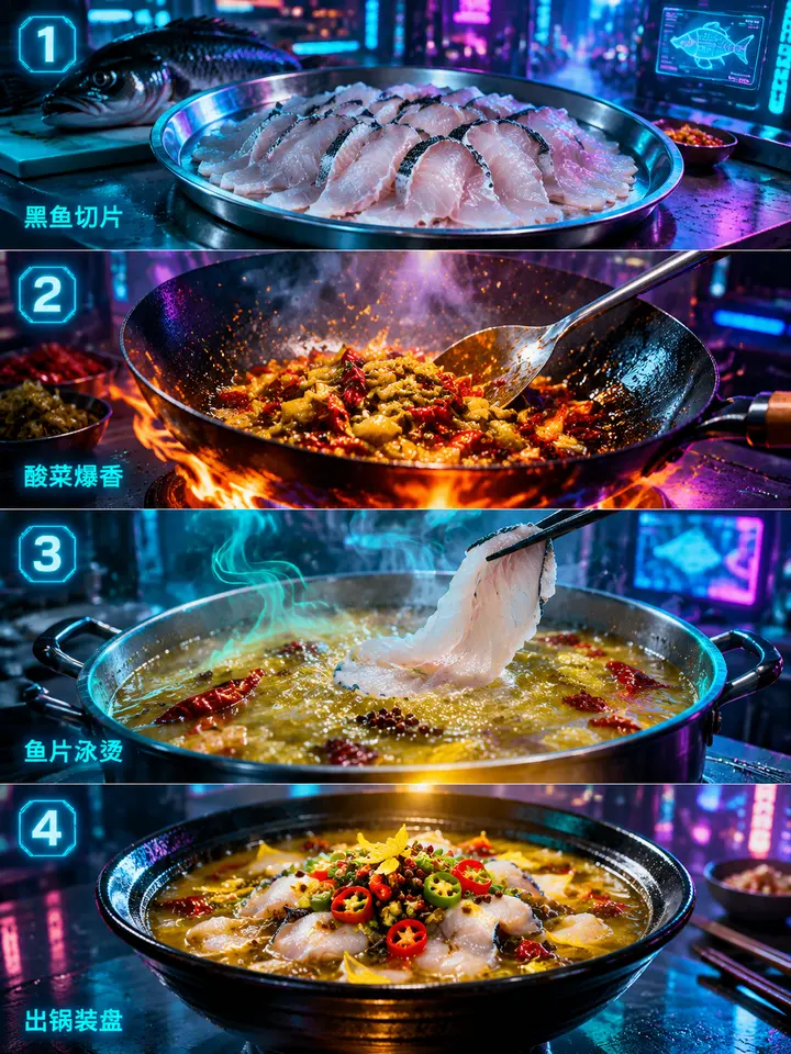 AI 绘画提示词：赛博朋克酸菜鱼烹饪步骤图