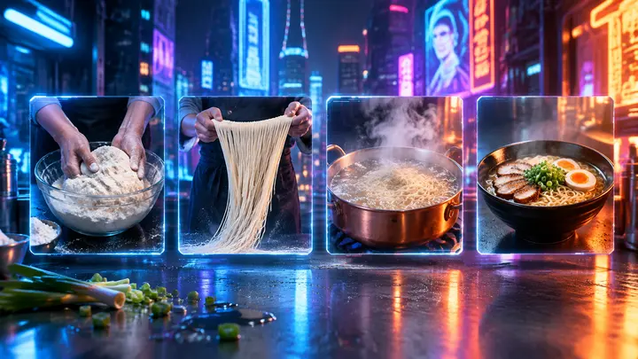 赛博朋克风格美食制作步骤图AI提示词霓虹教程排版